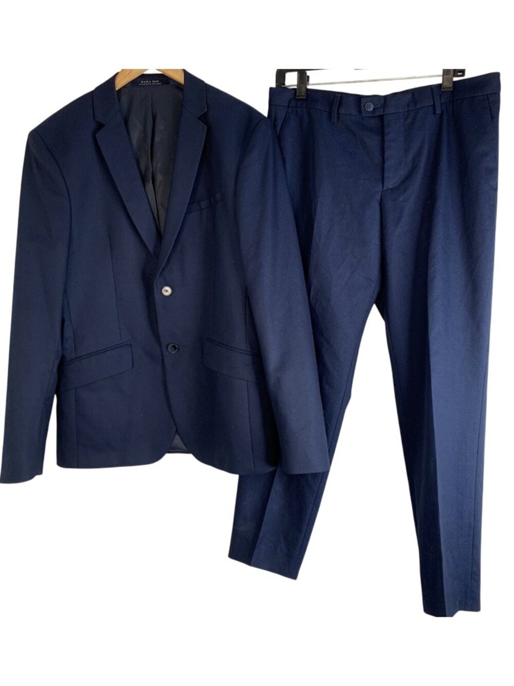 Zara Man Collection Blue Suit Set 42R Coat 34x29 Pants Micro Dot Pattern EUC